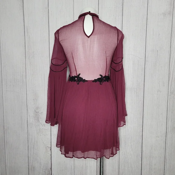Free People Sheer Bell Sleeve Mini Dress w/ Sequins and Embroidery, size Small - Picture 8 of 10